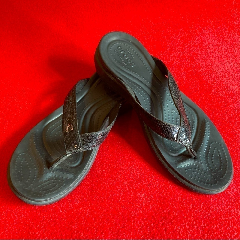 CROCS Sz  10 Toe Post Thong Sequin Comfort Flip Flops Sandals